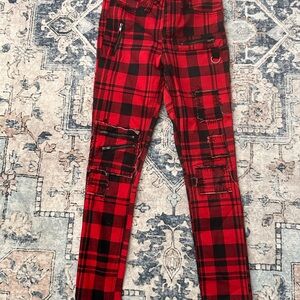 Hot Topic Red and Black Plaid Pants with Zipper Details